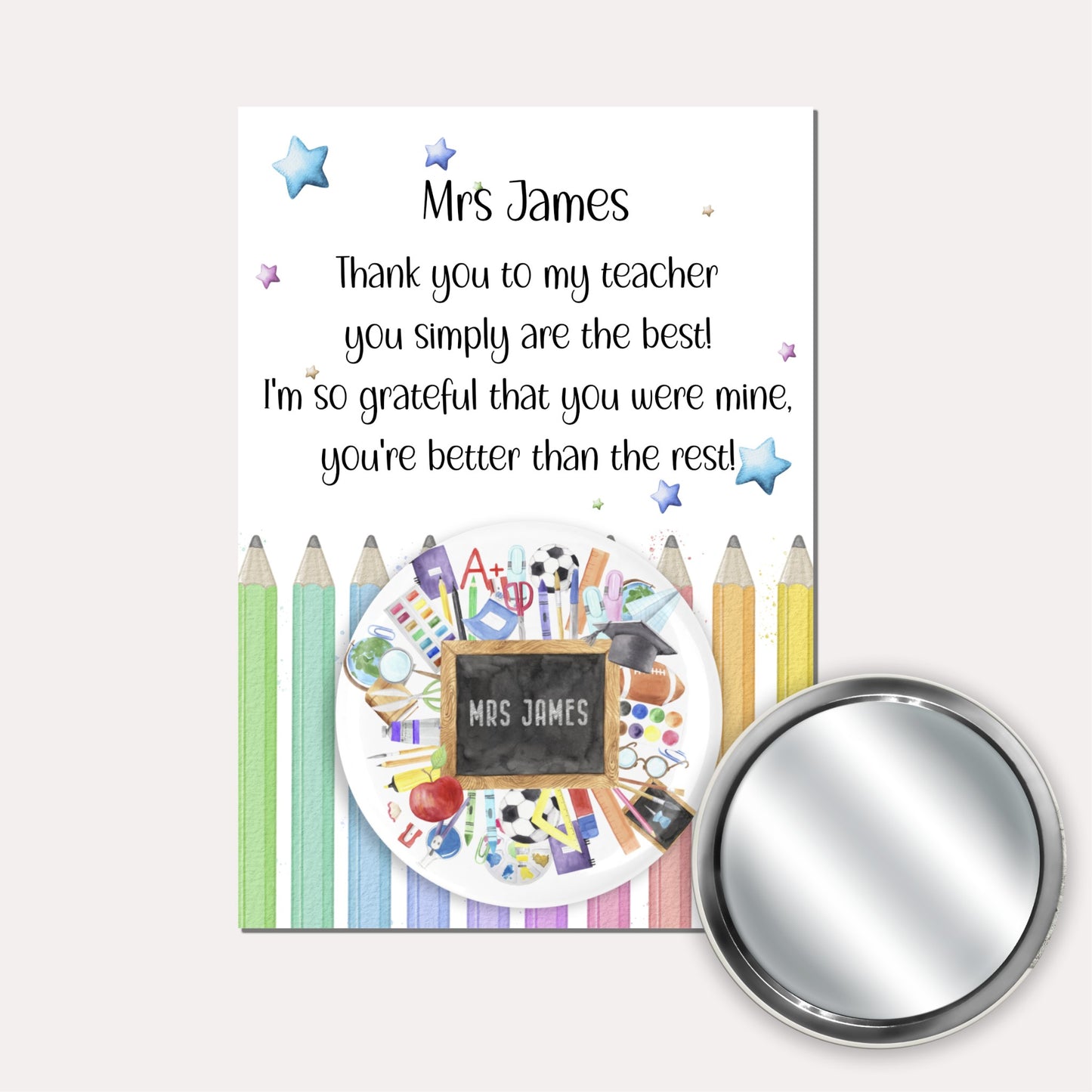 Personalised teacher gifts, badge, mirror or keyring