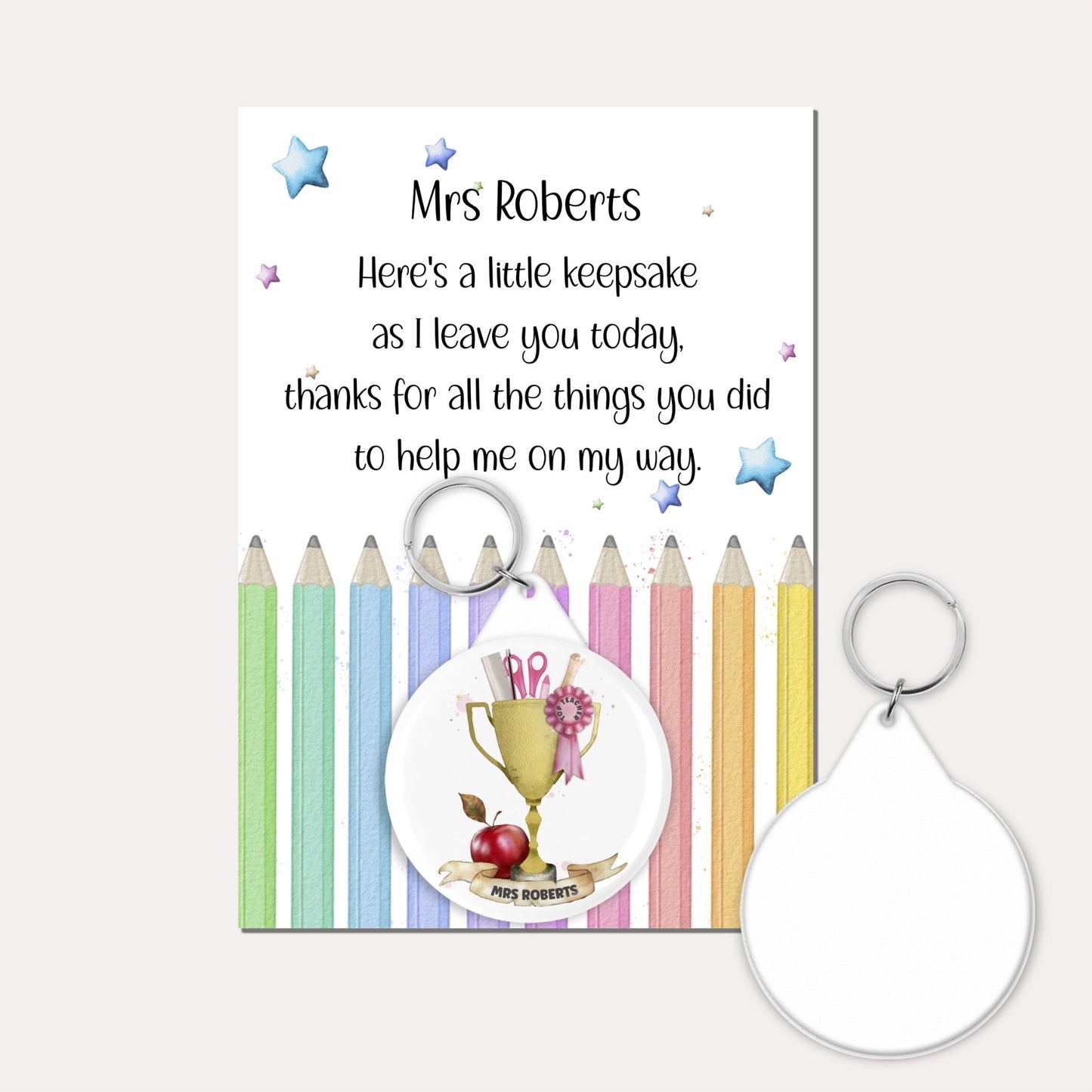 Personalised keyring badge featuring the image of a trophy with a pink rosette and placed on a backing card with a pencil design and a poem. 