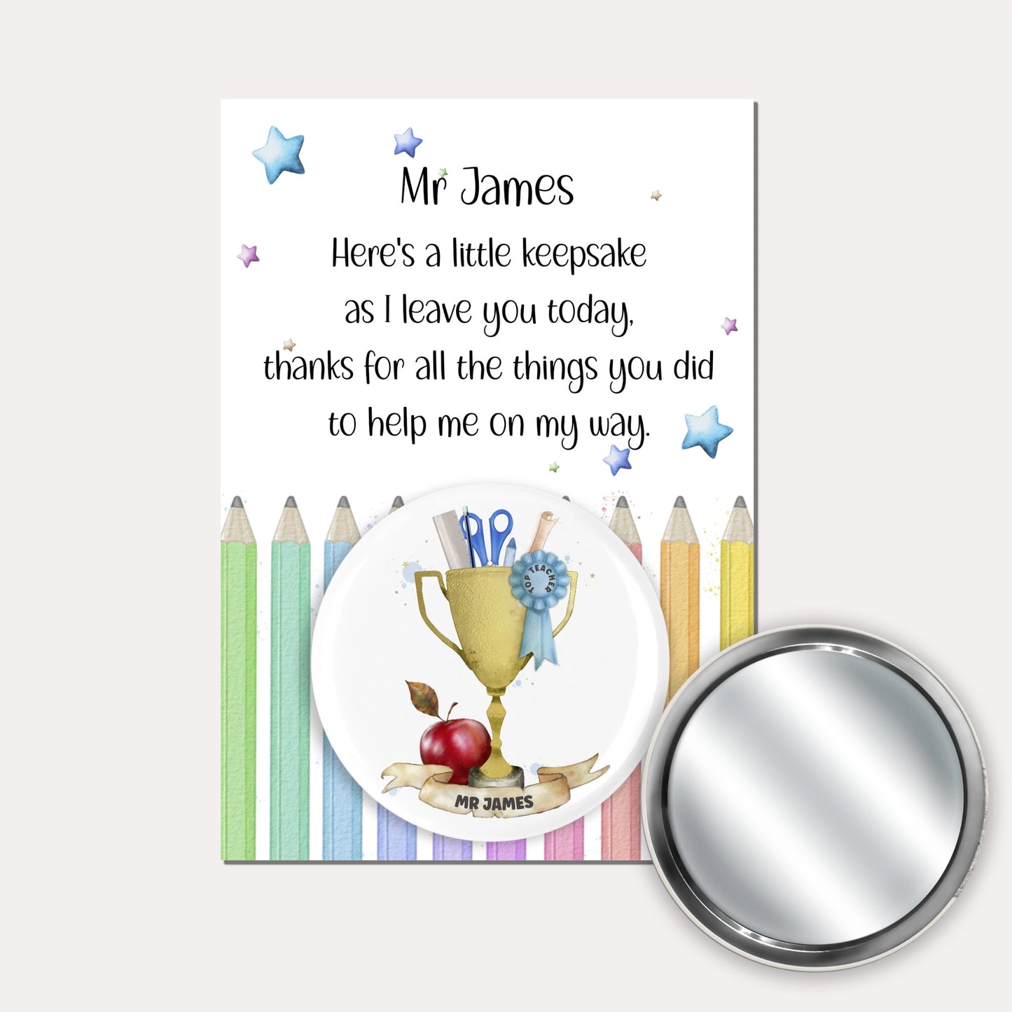 Personalised badge mirror featuring the image of a trophy with a blue rosette and placed on a backing card with a pencil design and a poem. 