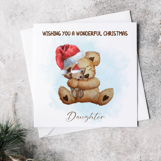 Hugging teddy bear personalised Christmas card