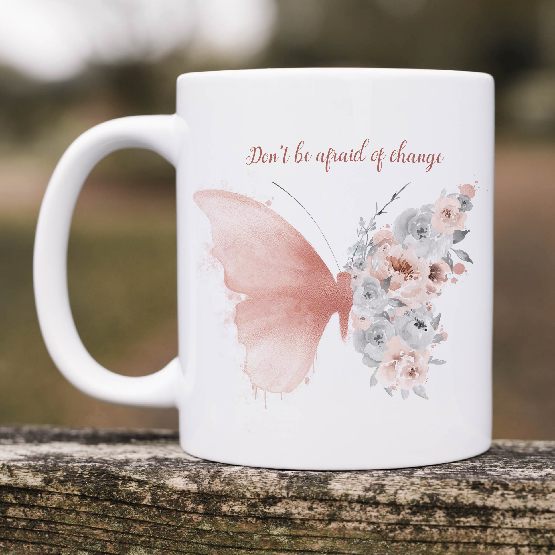 Mug and coaster set featuring a rose gold floral butterfly and the text 'Don't be afraid of change'