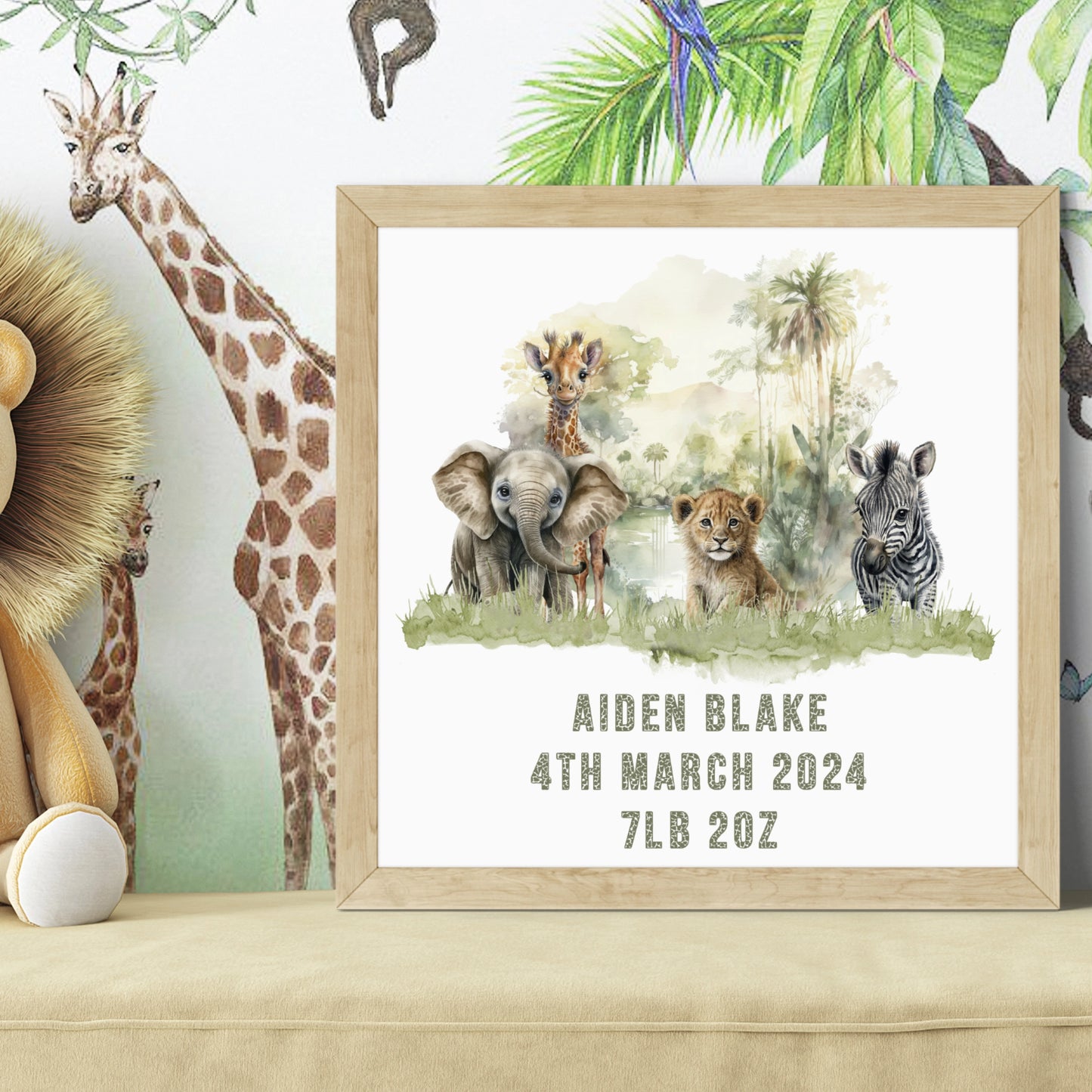 Nursery decor birth stat 8 inch x 8 inch square unframed print featuring a watercolour image of safari animals and personalised with a name, date of birth and birth weight.