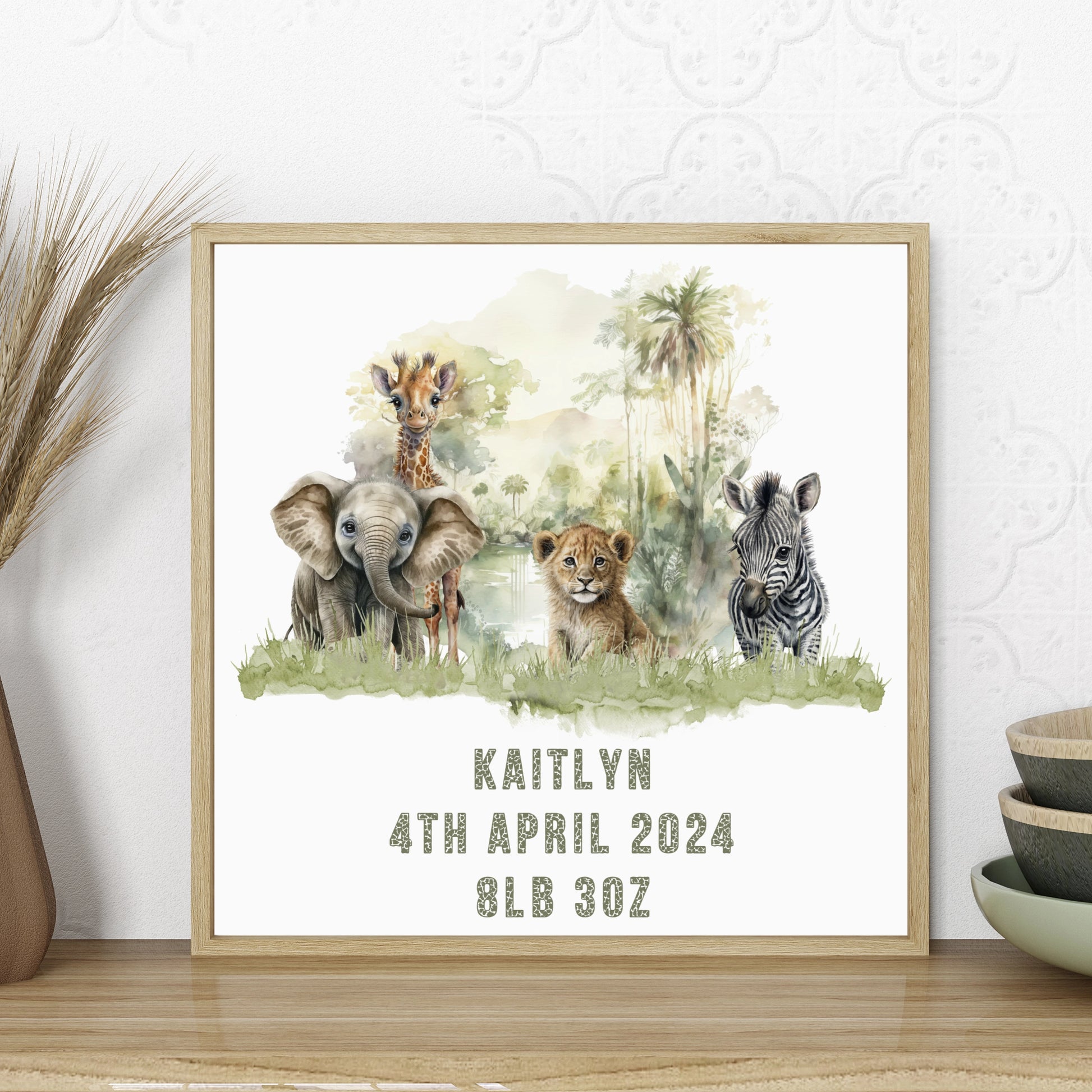 Nursery decor birth stat 8 inch x 8 inch square unframed print featuring a watercolour image of safari animals and personalised with a name, date of birth and birth weight.