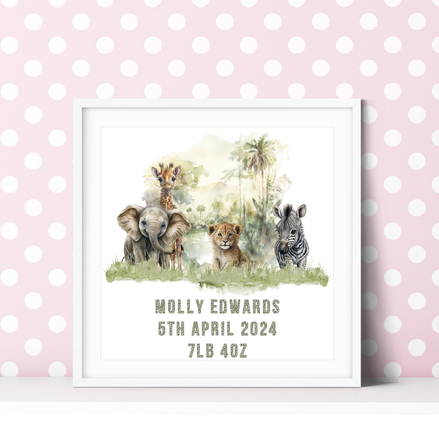 Nursery decor birth stat 8 inch x 8 inch square unframed print featuring a watercolour image of safari animals and personalised with a name, date of birth and birth weight.