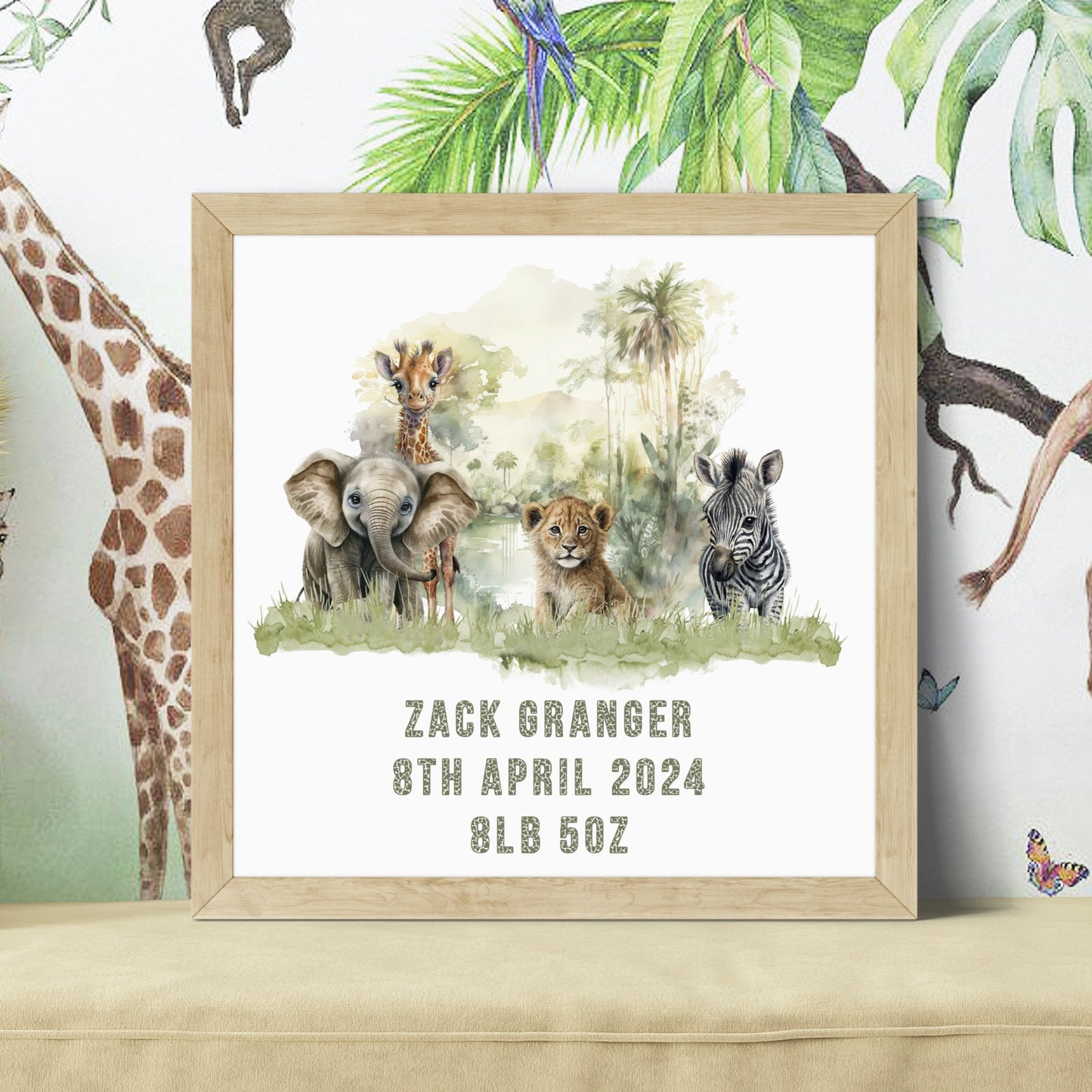 Nursery decor birth stat 8 inch x 8 inch square unframed print featuring a watercolour image of safari animals and personalised with a name, date of birth and birth weight.