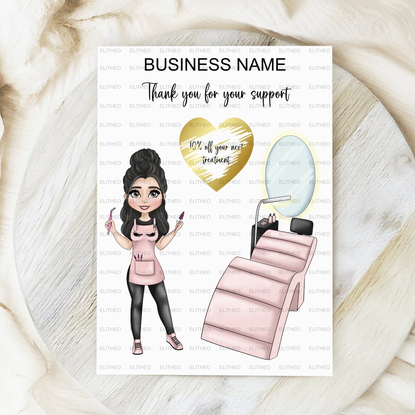 Personalised discount card featuring a lash tech, a treatment couch and a gold scratch off heart