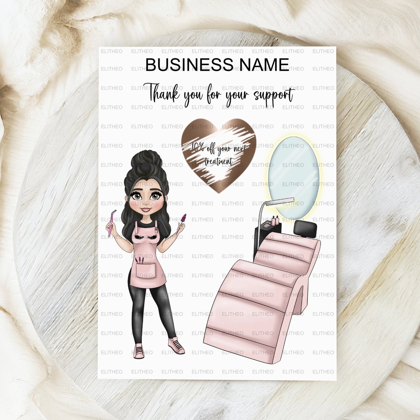 Personalised discount card featuring a lash tech, a treatment couch and a rose gold scratch off heart