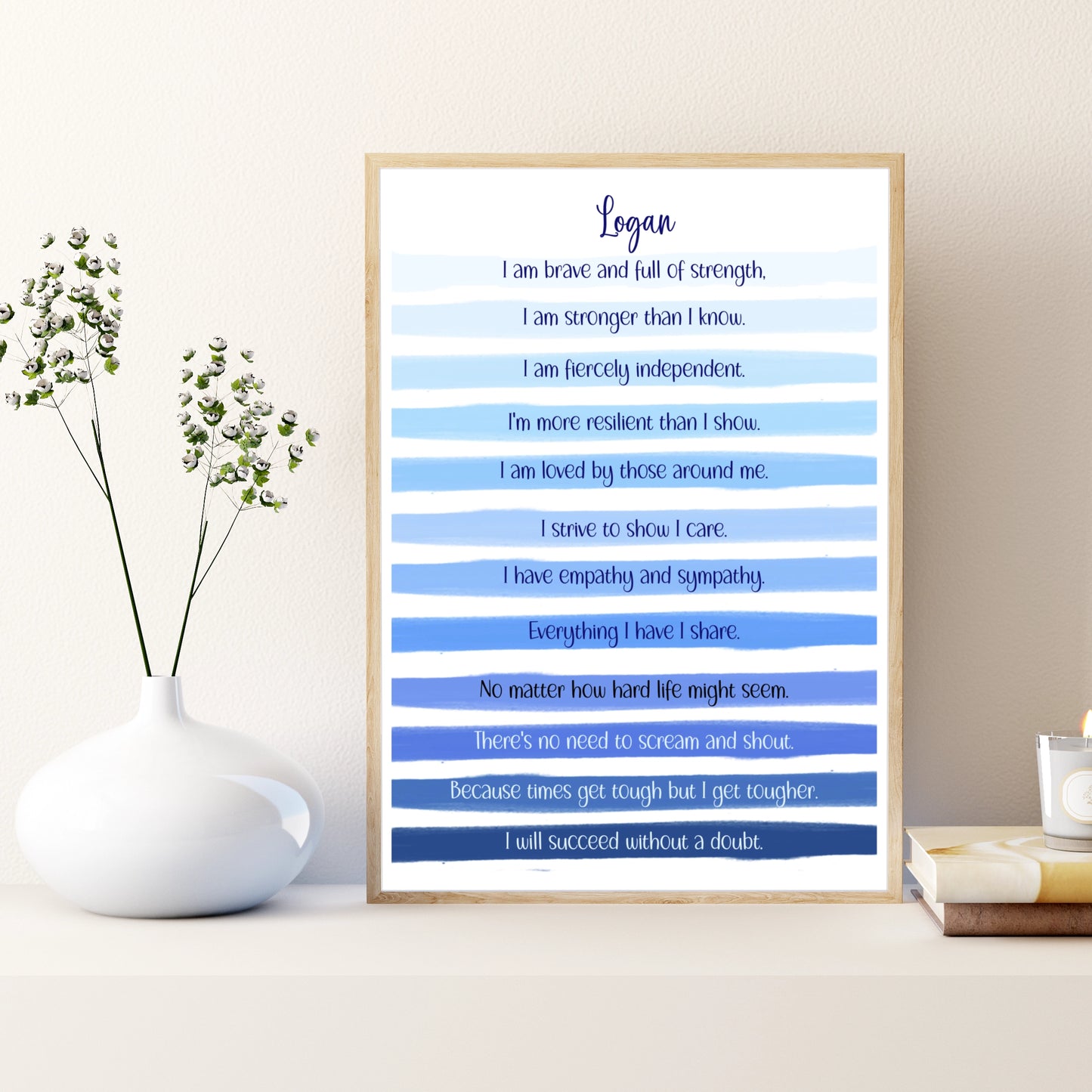 Blue stripe unframed print personalised with the poem: "I am brave and full of strength.

I am stronger than I know.

I am fiercely independent.

I'm more resilient than I show.

I am loved by those around me.

I strive to show I care.

I have empathy and sympathy.

Everything I have I share.

No matter how hard life might seem.

There's no need to scream and shout.

Because times get tough but I get tougher.

I will succeed without a doubt."