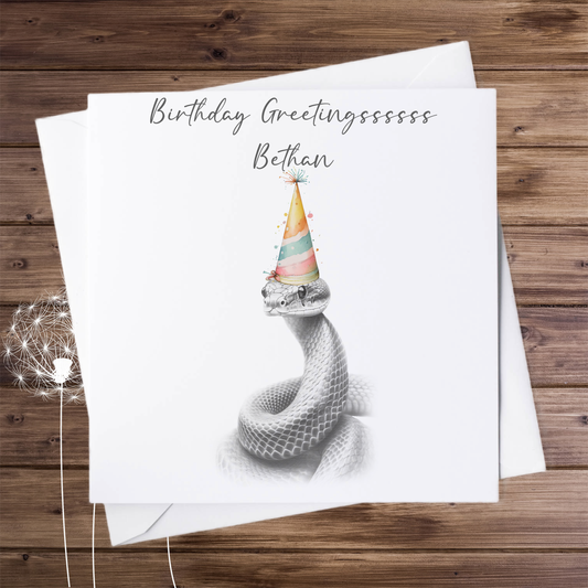 Birthday greetings, snake in a birthday hat, personalised card