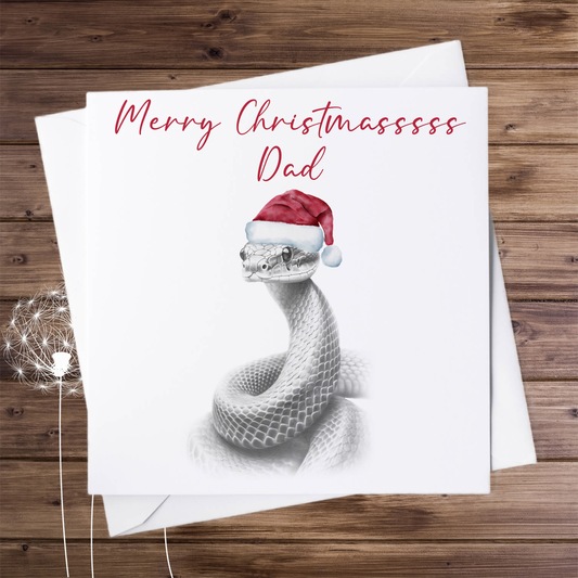 Card with the sketch of snake wearing a Christmas hat  and personalised with dad