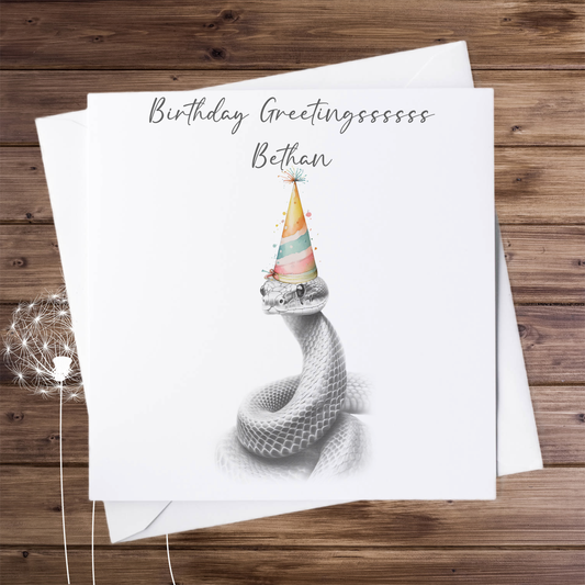 Birthday greetingssssss snake in a birthday hat personalised card