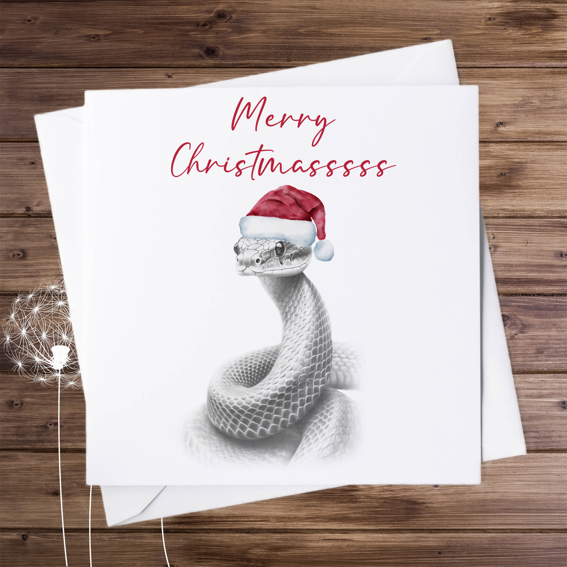 Card with the sketch of snake wearing a Christmas hat  and personalised