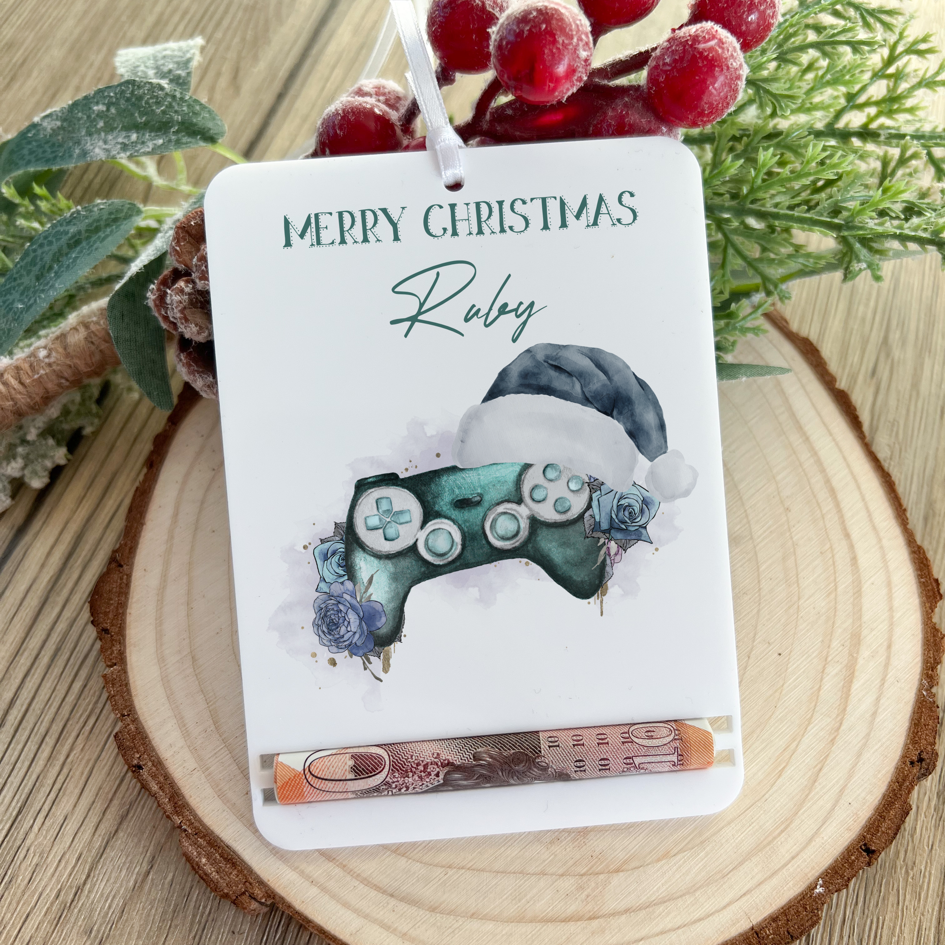 acrylic money holder with teal gaming design for Christmas