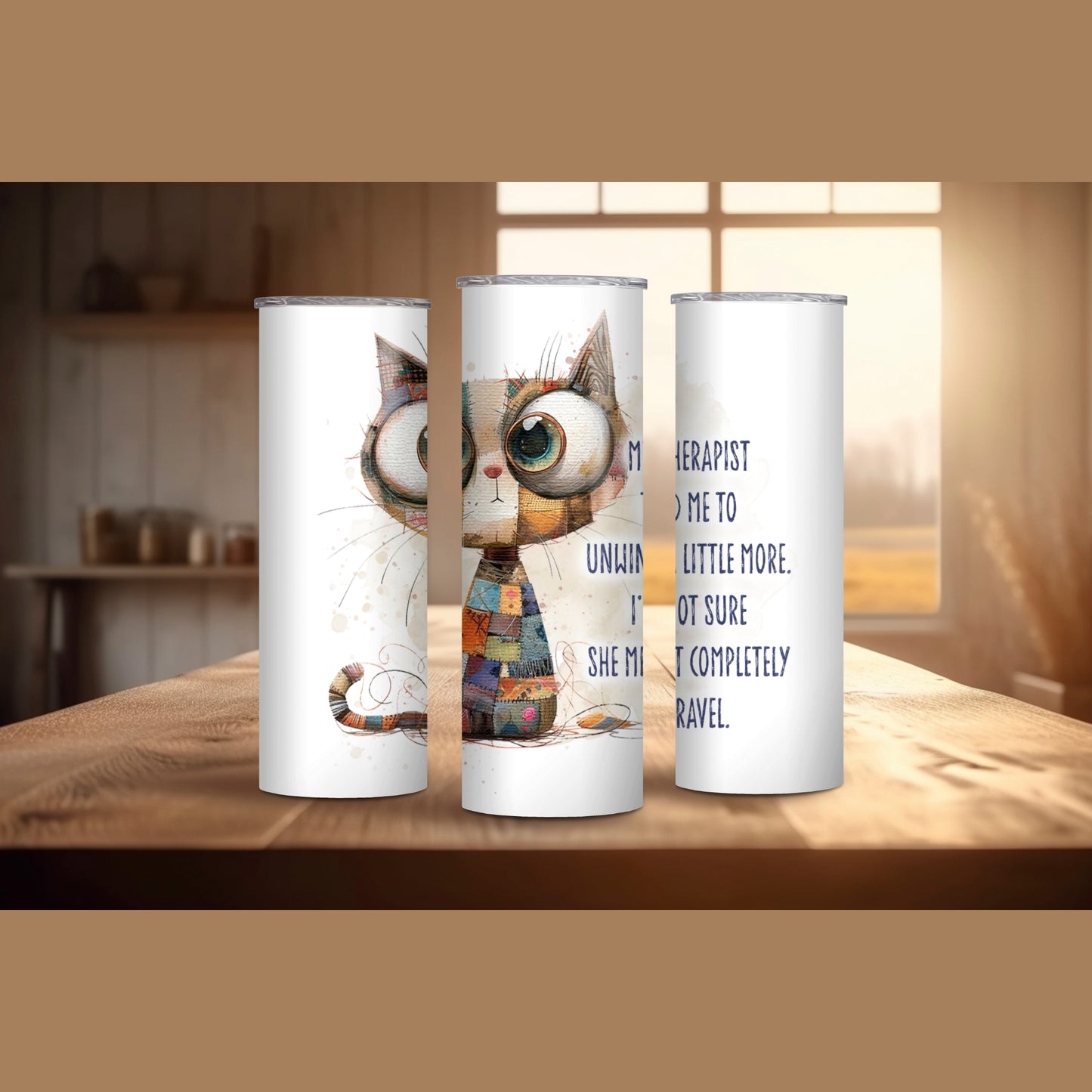 Skinny Insulated Tumbler | Quirky Patchwork Cat Design | Hot & Cold Drinks