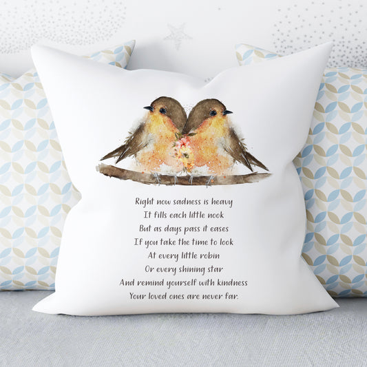 cushion with two robins sitting on a branch with a memorial poem