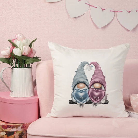 Personalised cushion featuring a blue and a pink gonk with names in hearts, perfect for Valentine's or Wedding gifts