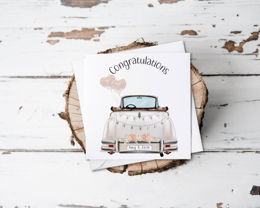 wedding car blush colours congratulations card personalised with name