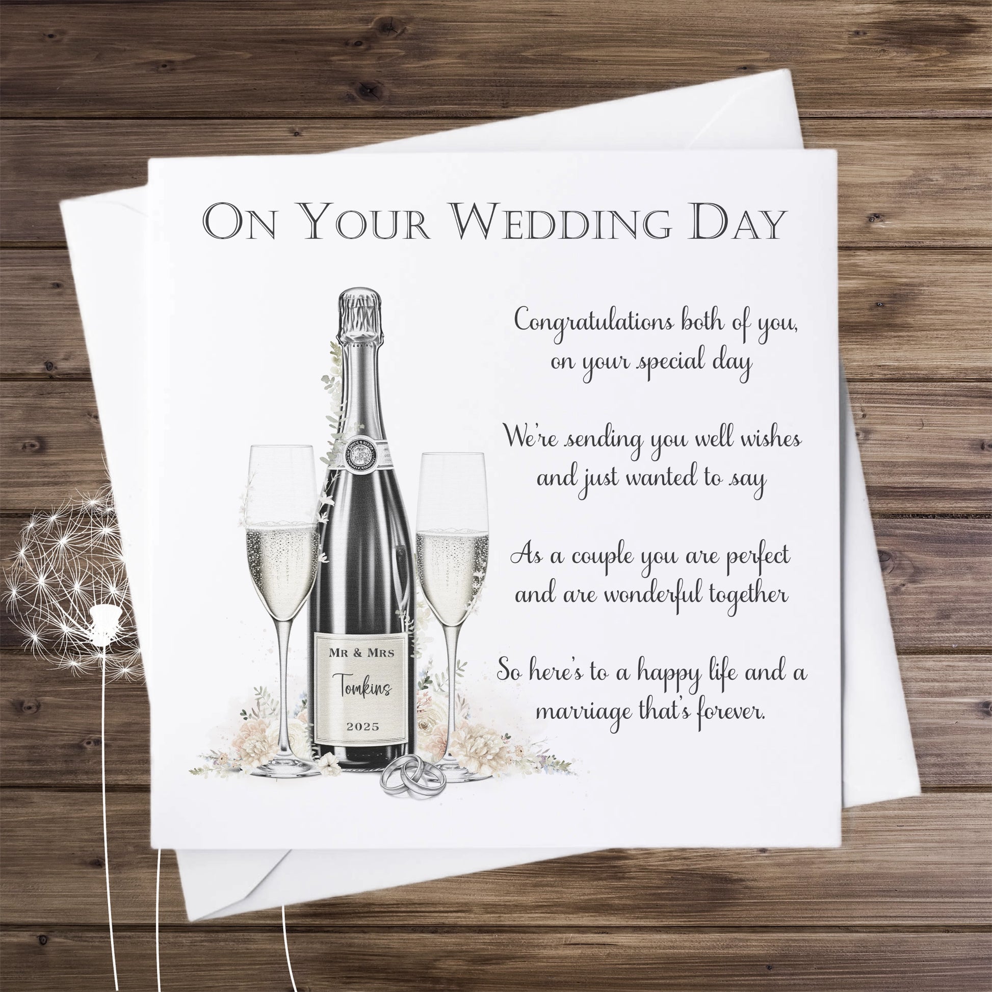 Personalised wedding card featuring the image of a champagne bottle and glasses with the names and wedding date on the bottle and a poem on the card