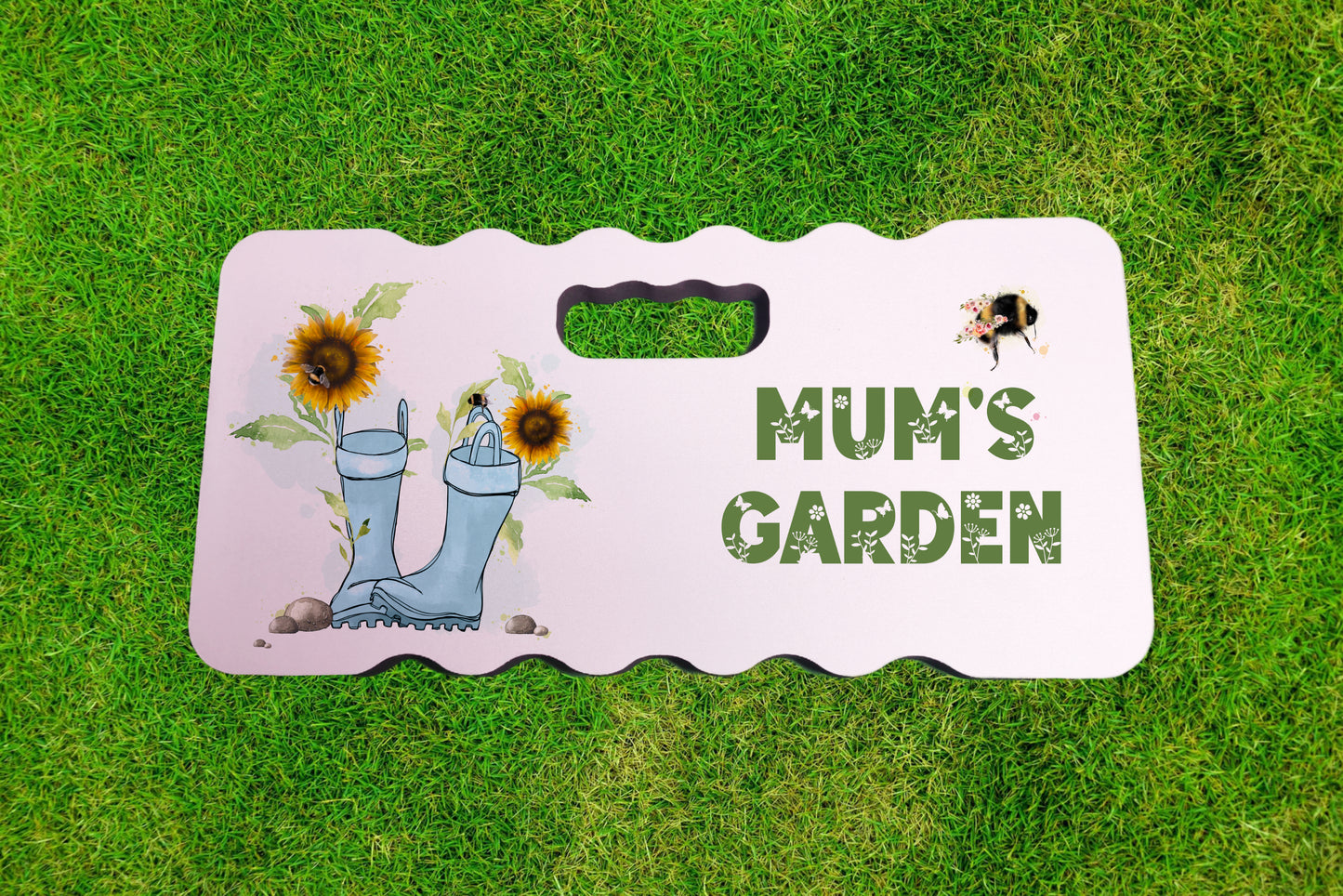 Personalised foam garden kneeling pad with an image of blue wellies and sunflowers