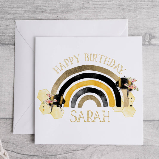 Happy Birthday greeting card, floral bumblebee rainbow, personalised card.