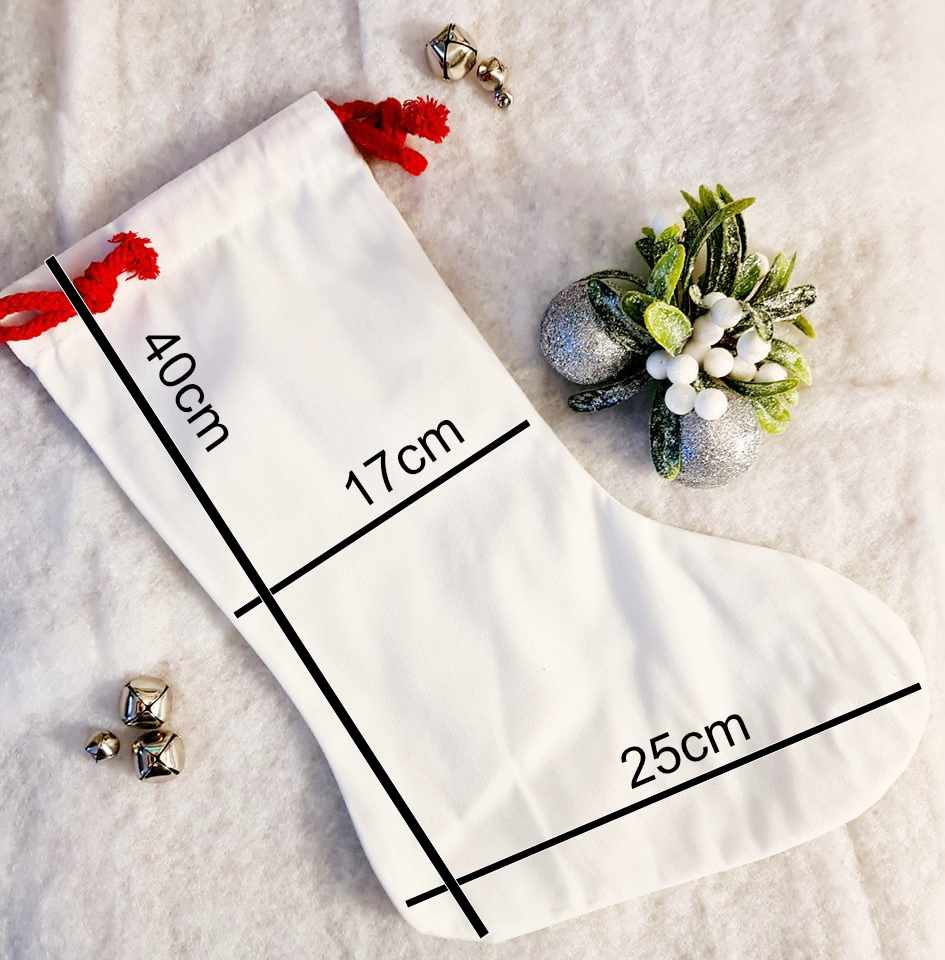Personalised white Christmas stocking with a red rope tie and the measurements 