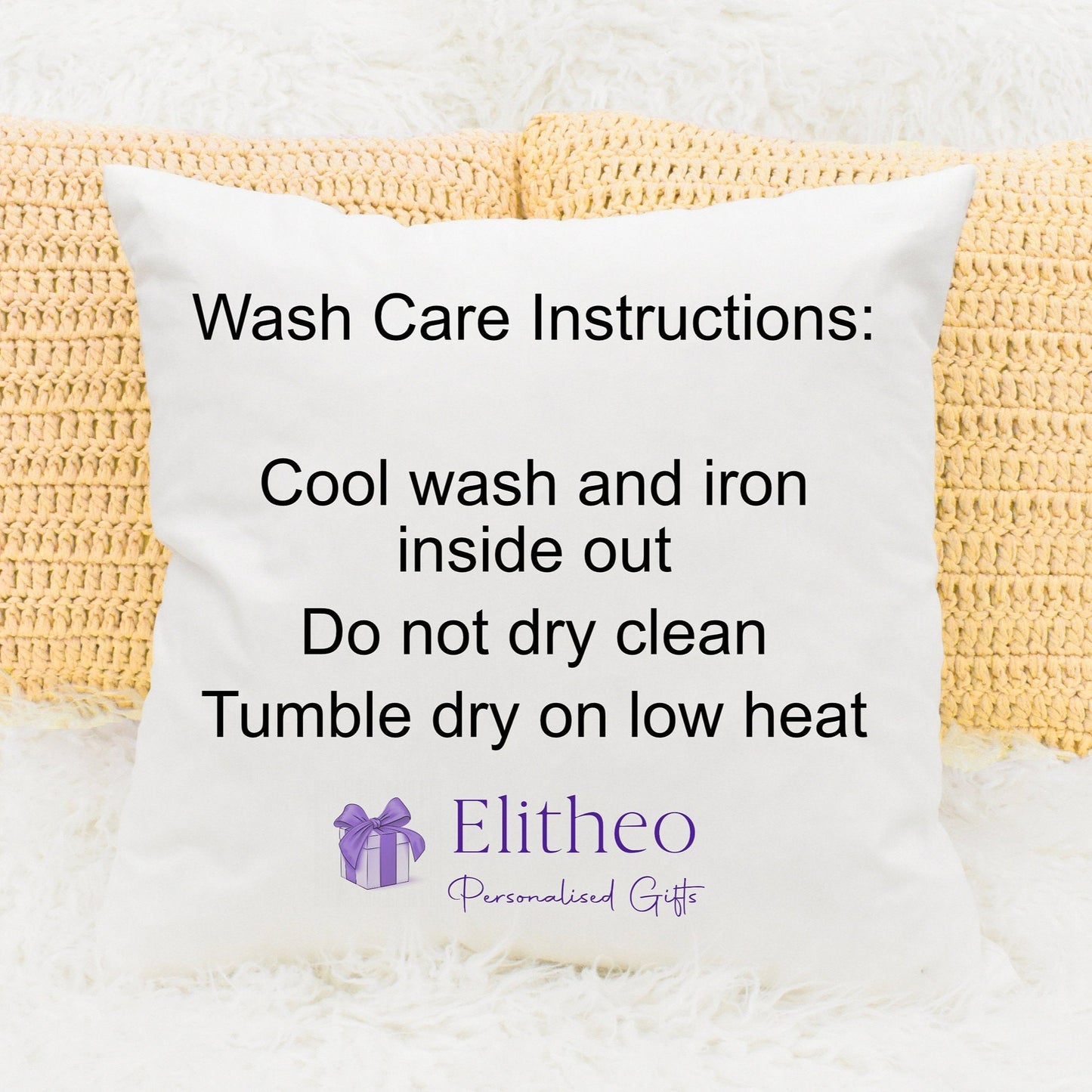 Cushion displaying wash care instructions.