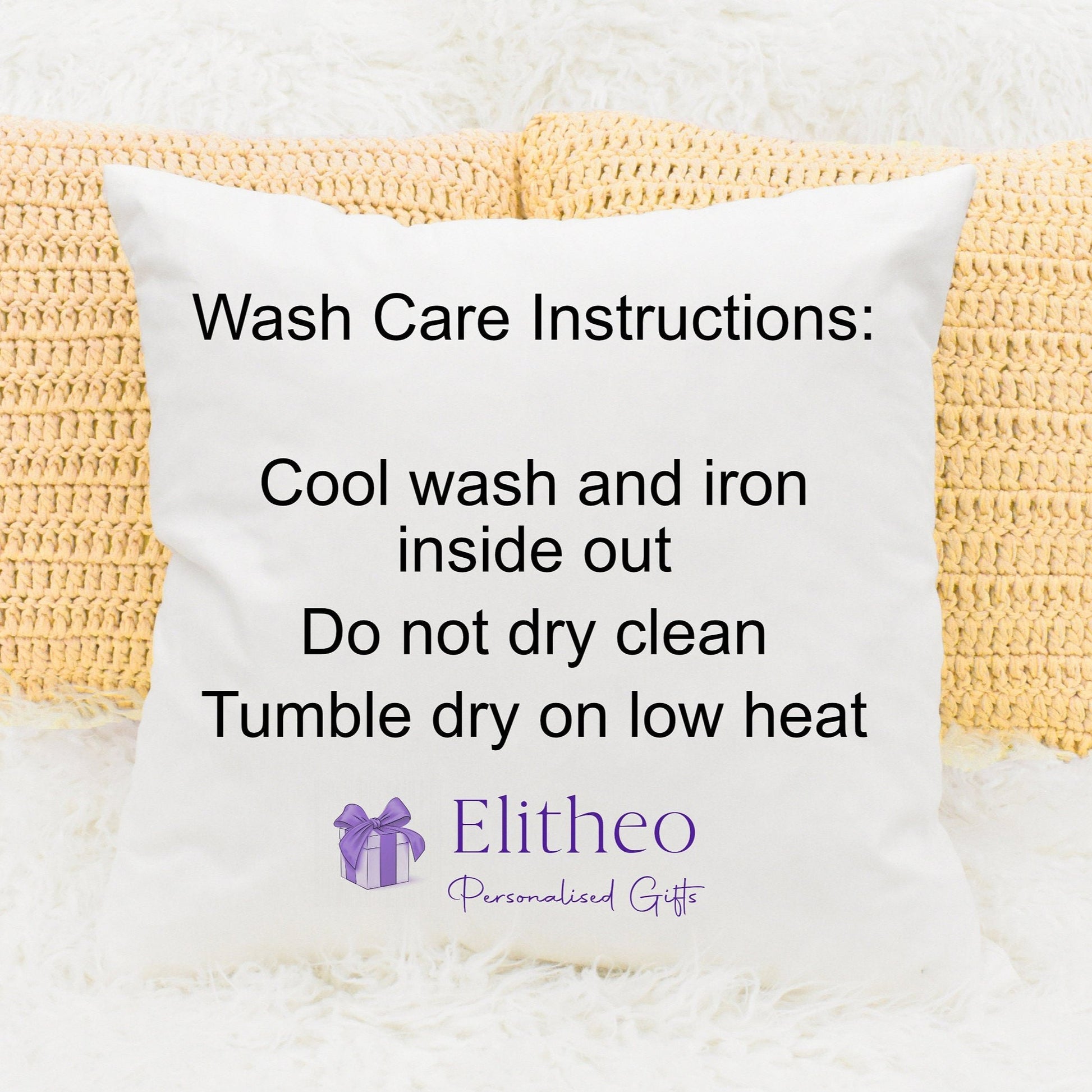 Cushion displaying wash care instructions.