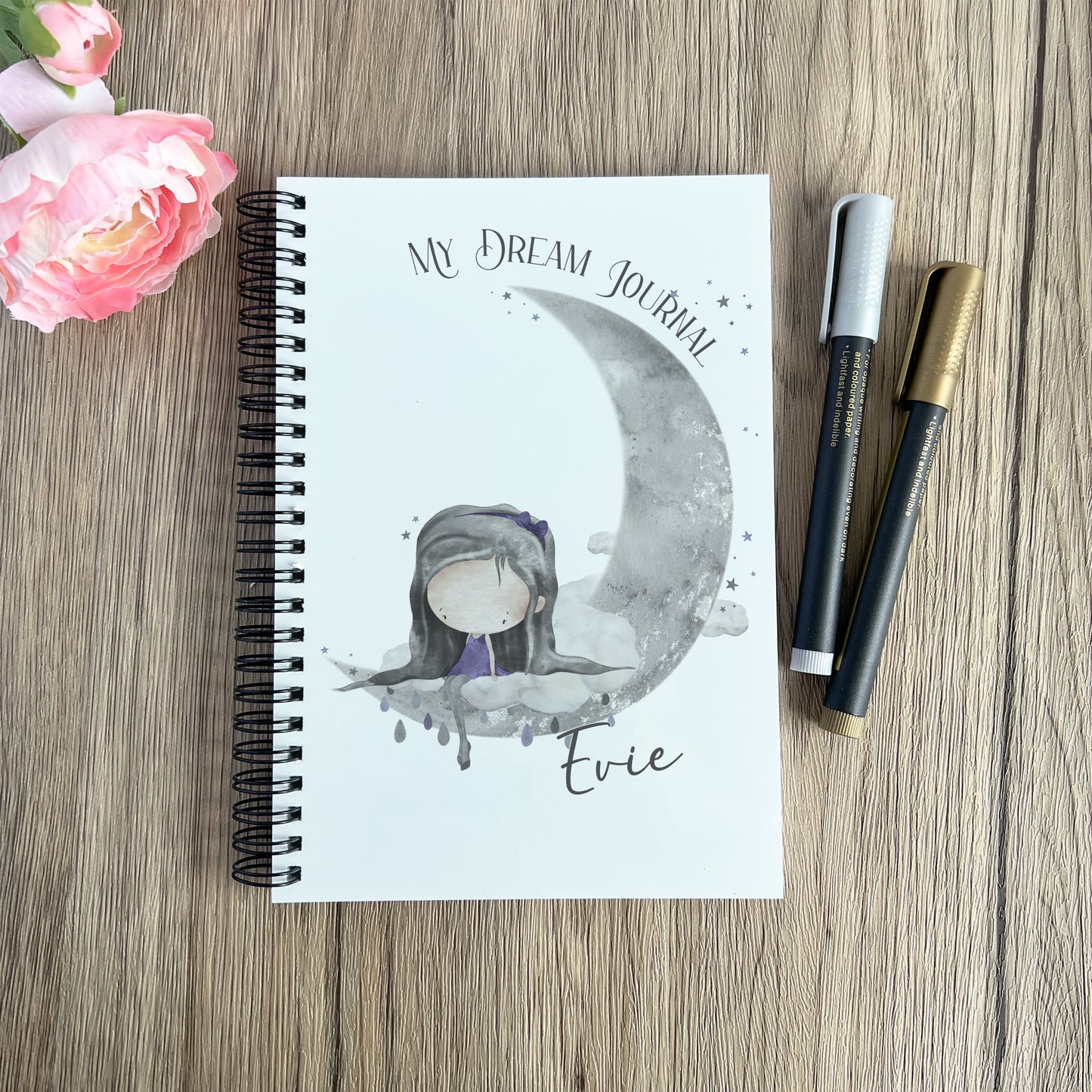 wire bound notebook/dream journal, personalised with the image of a girl sitting on the moon