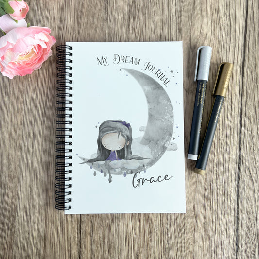 wire bound notebook/dream journal, personalised with the image of a girl sitting on the moon