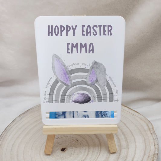Personalised acrylic money holder with a lilac rainbow  and bunny ears