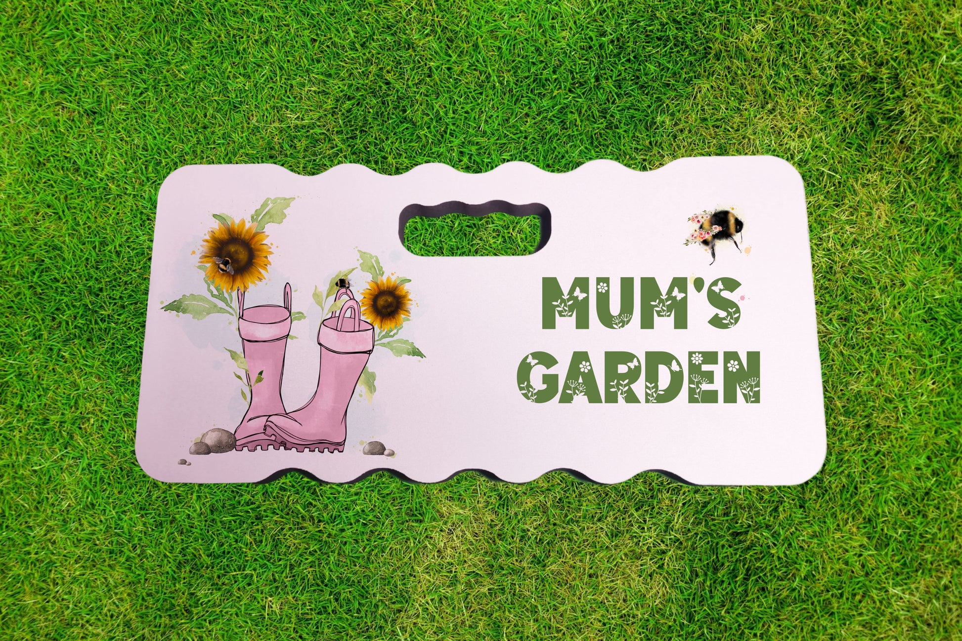Personalised foam garden kneeling pad with an image of pink wellies and sunflowers