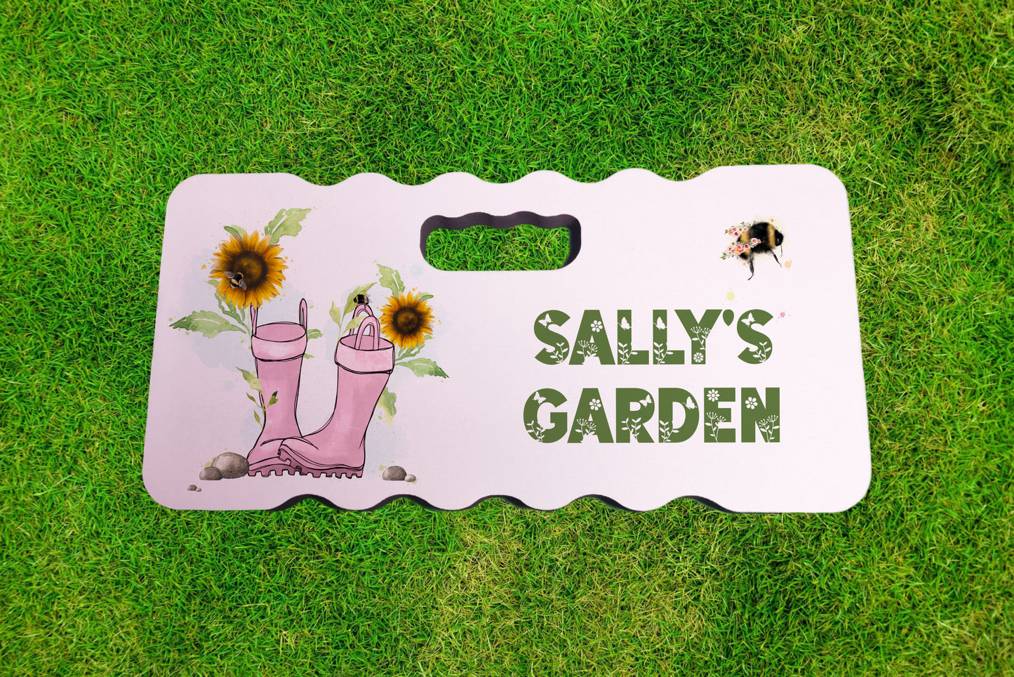 Personalised foam garden kneeling pad with an image of pink wellies and sunflowers