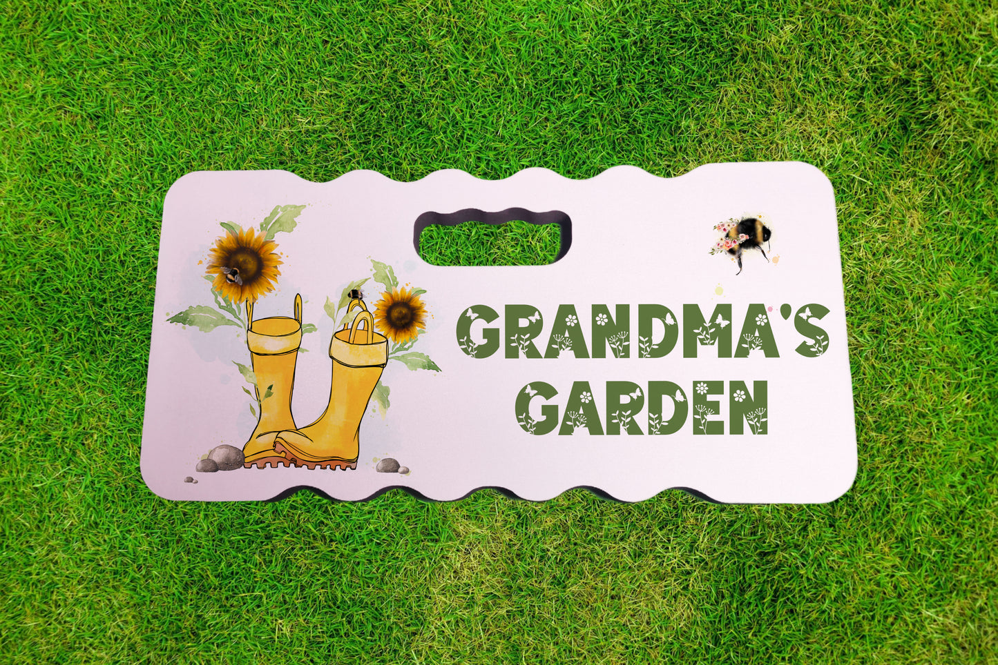 Personalised foam garden kneeling pad with an image of yellow wellies and sunflowers