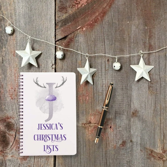 Personalised lilac and silver alphabet reindeer A5 notebook with the letter J