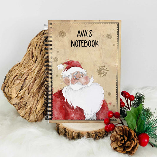 Vintage style Christmas A5 notebook with the image of Father Christmas and personalised text.