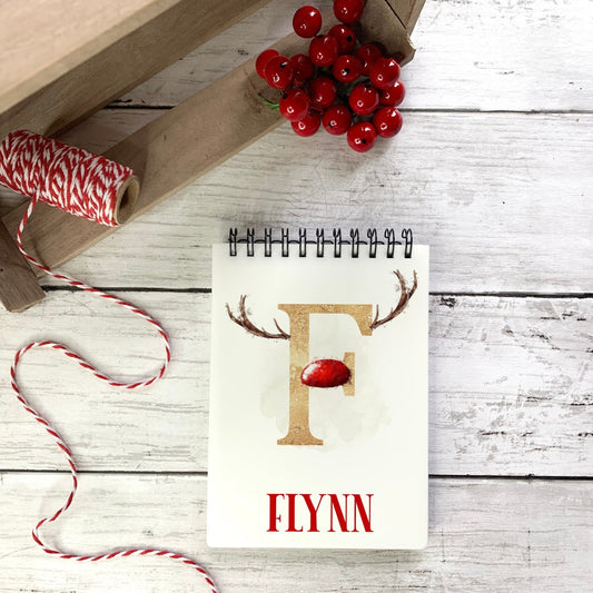 Personalised red and gold reindeer alphabet antler A6 notebook