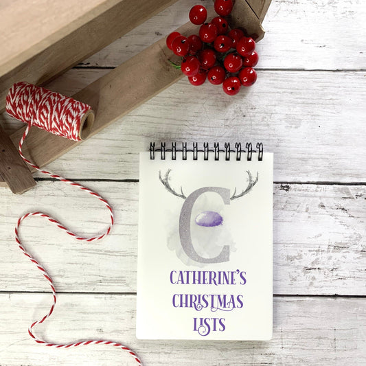 Personalised lilac and silver reindeer alphabet antler A6 notebook with the letter C