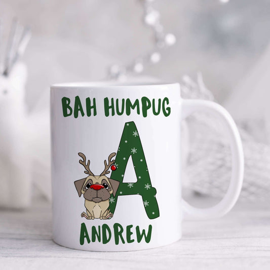 Personalised ceramic mug with pug alphabet and bah humpug printed on it