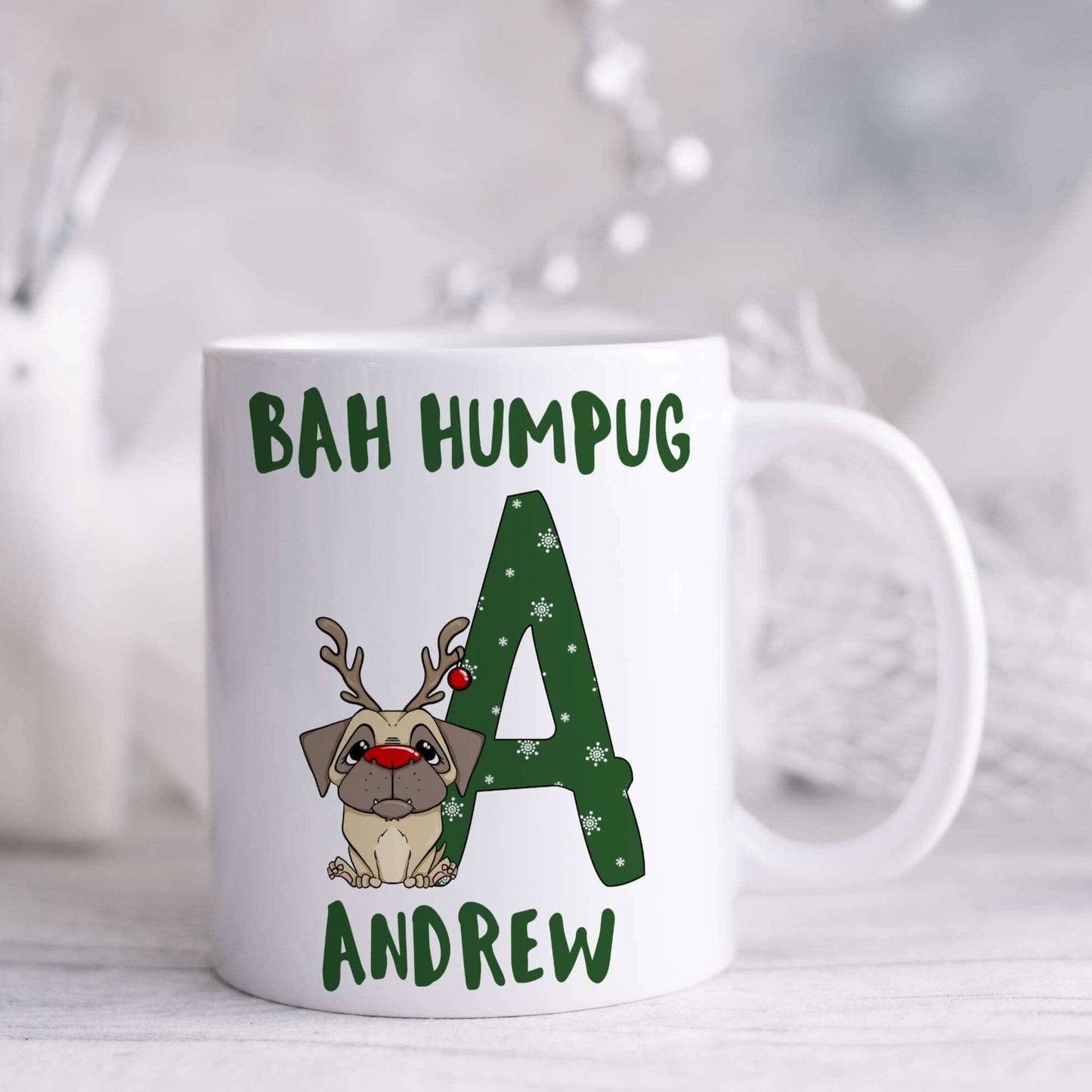 Personalised ceramic mug with pug alphabet and bah humpug printed on it, letter A