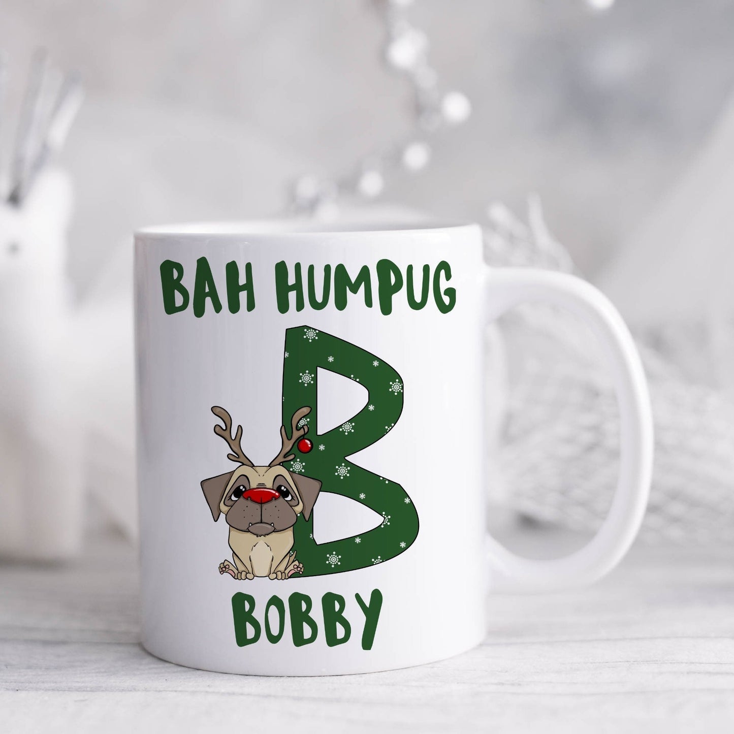 Personalised ceramic mug with pug alphabet and bah humpug printed on it, letter B