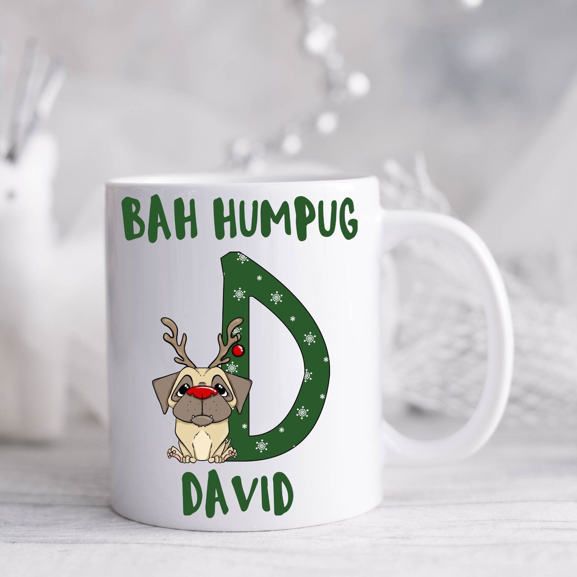 Personalised ceramic mug with pug alphabet and bah humpug printed on it, letter D