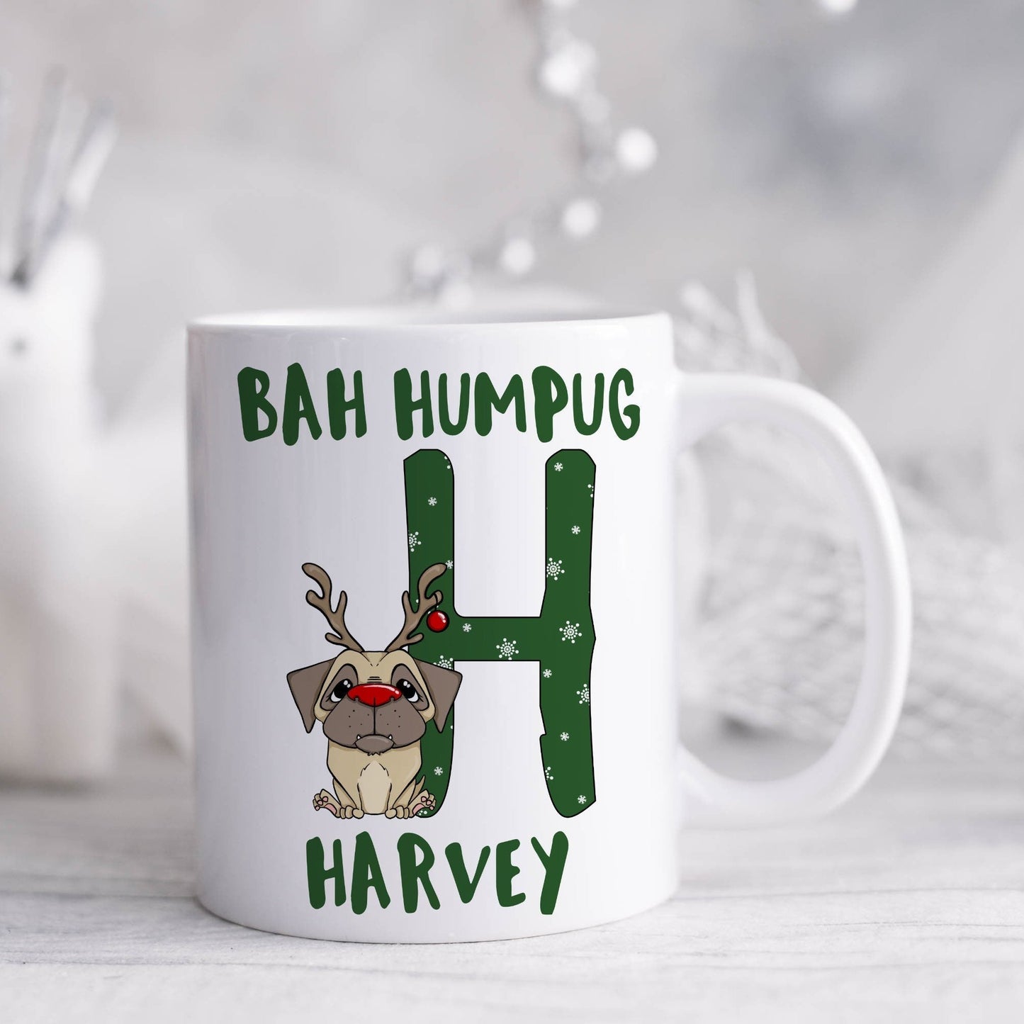 Personalised ceramic mug with pug alphabet and bah humpug printed on it, letter H