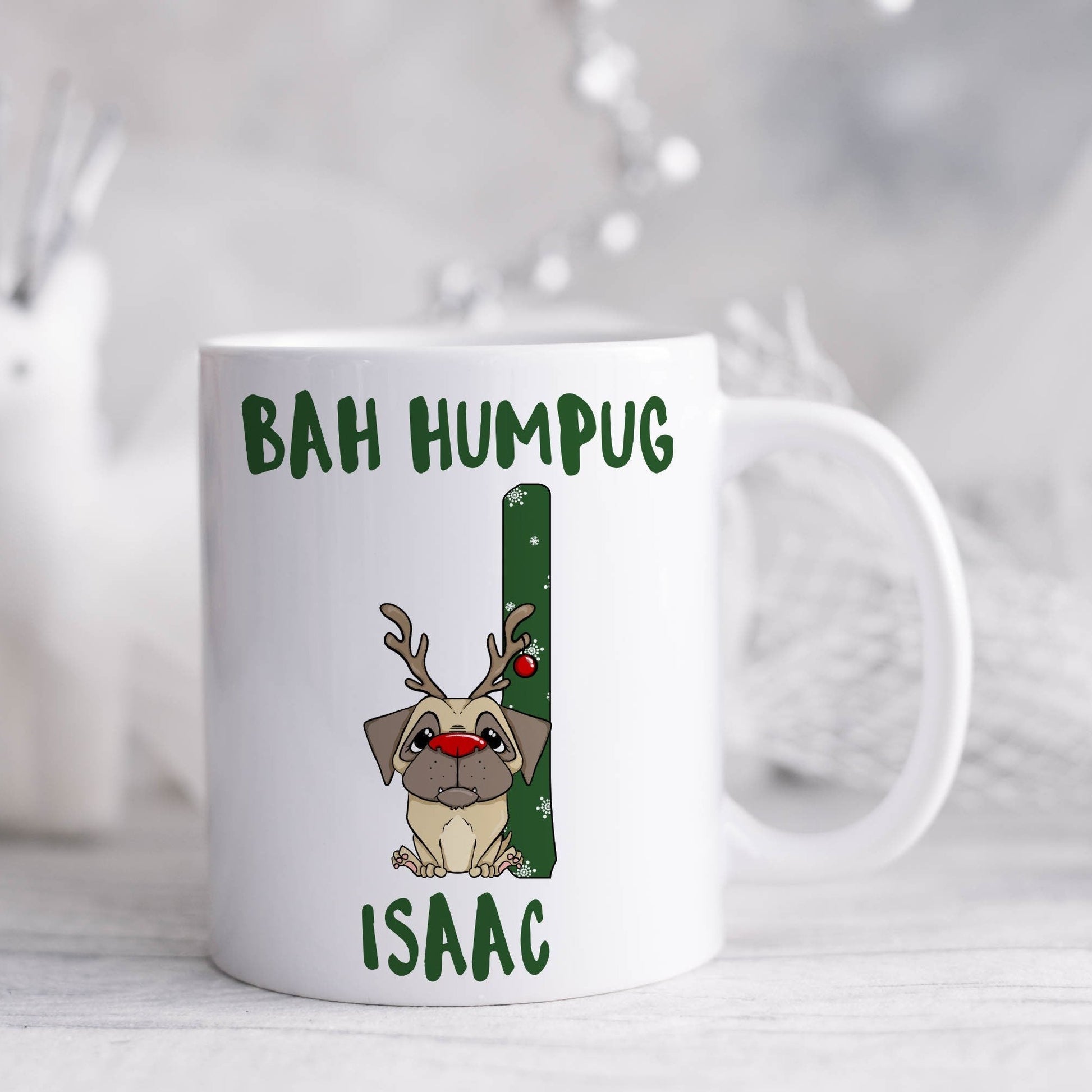 Personalised ceramic mug with pug alphabet and bah humpug printed on it, letter I