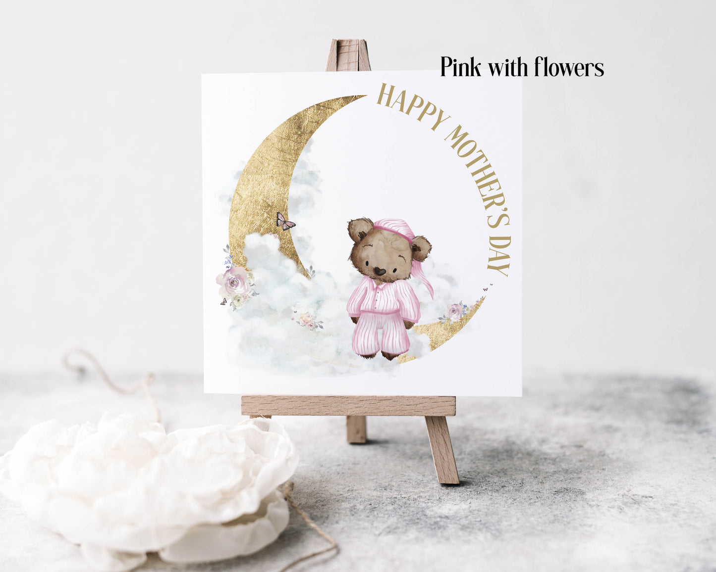 Bear in pj's Mothers Day card, pink with flowers