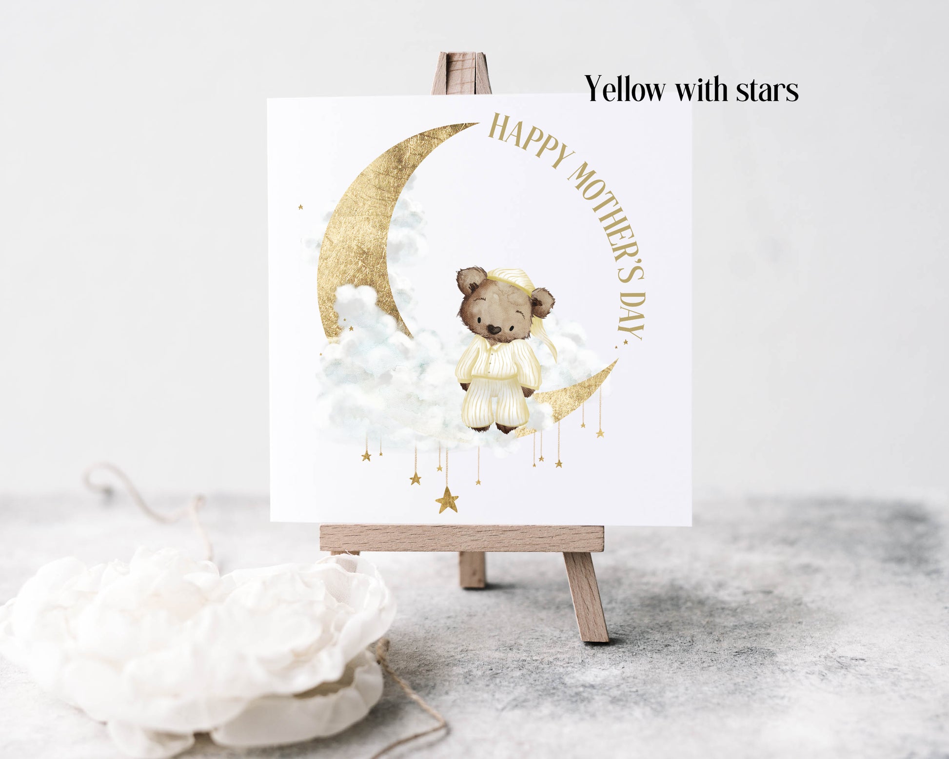 Bear in pj's Mothers Day card, yellow with stars