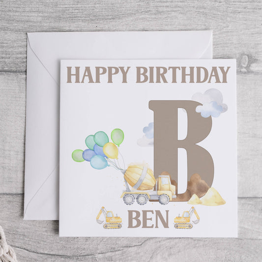 Construction alphabet birthday card with yellow truck and balloons, personalised, letter B