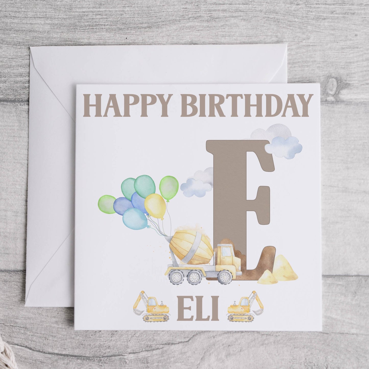 Construction alphabet birthday card with yellow truck and balloons, letter E personalised