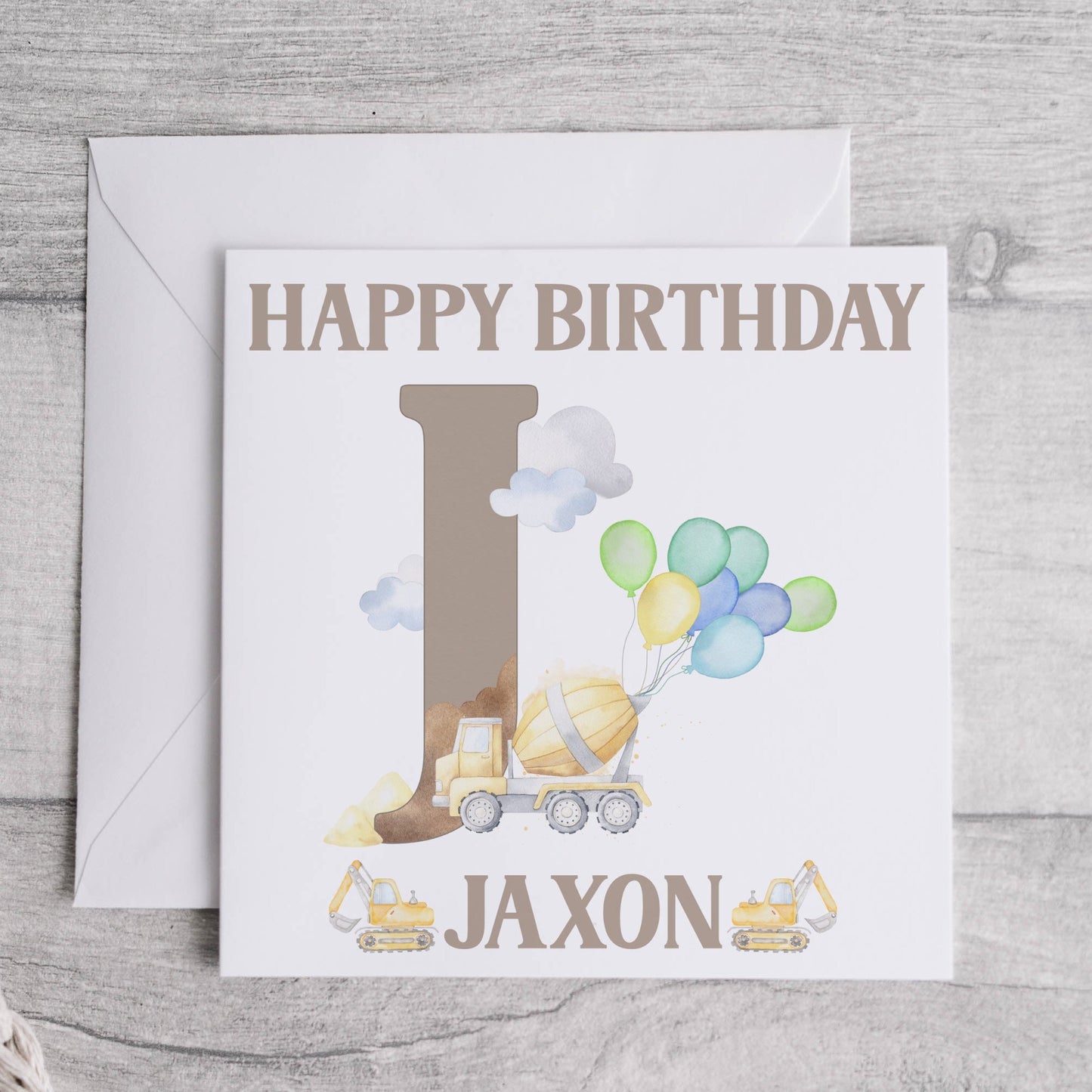 Construction alphabet birthday card with yellow truck and balloons, personalised, letter J