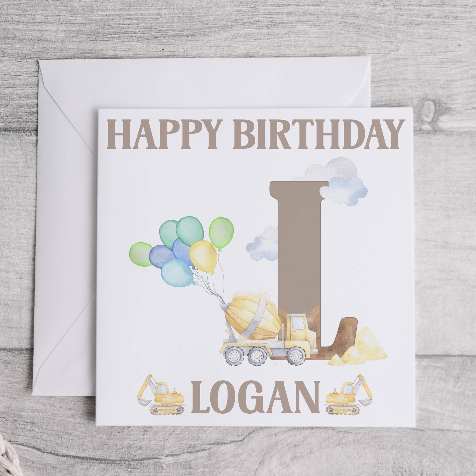 Construction alphabet birthday card with yellow truck and balloons, personalised, letter L