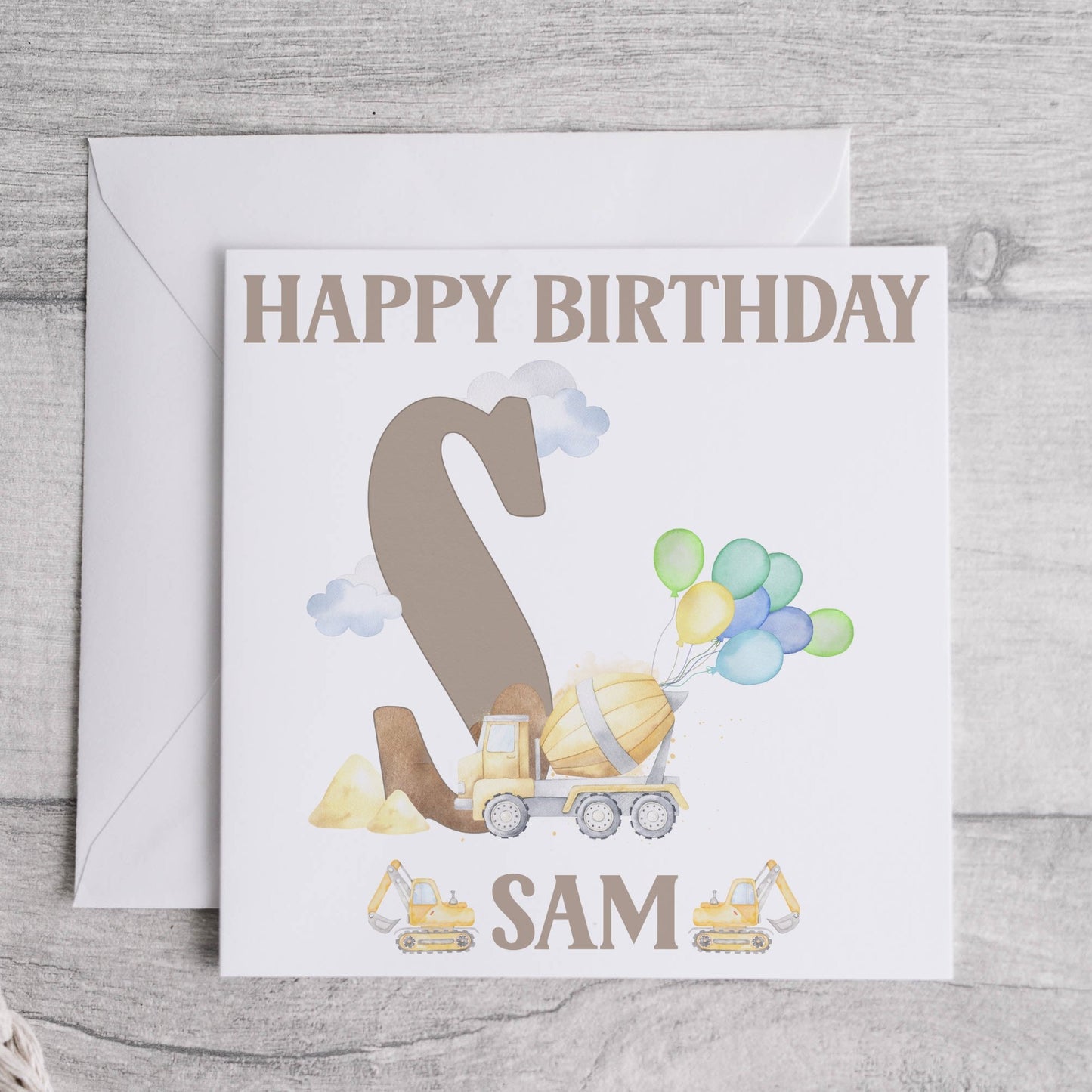 Construction alphabet birthday card with yellow truck and balloons, personalised, letter S